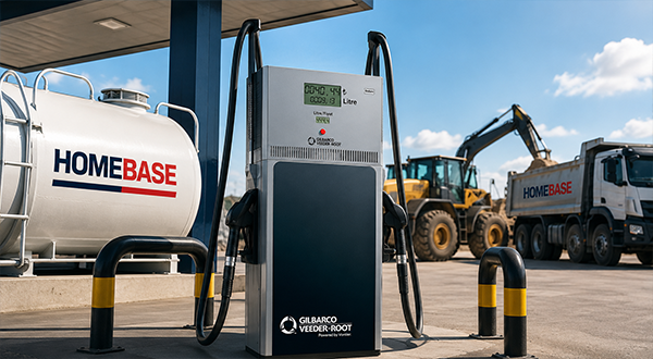 Fuel pump at a HomeBASE site, with a large white HomeBASE storage tank on the left and construction machinery in the background.