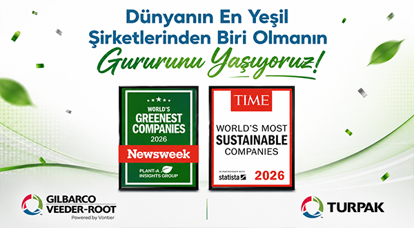 Turkish banner announcing pride in being one of the world’s greenest companies, with confetti and two award logos (Newsweek Greenest Companies 2026 and TIME Sustainable Companies 2026) plus Gilbarco Veeder-Root and Turpak logos.