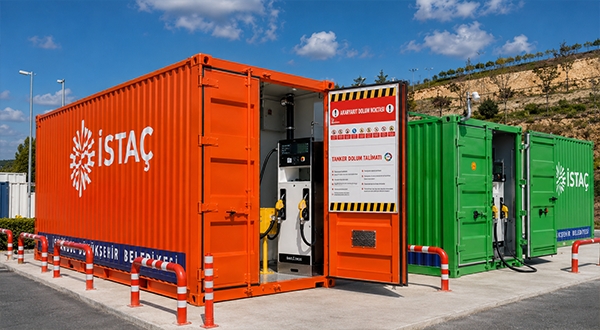 Orange ISTAÇ fueling container with dual pumps and safety signage, paired with a green ISTAÇ container on a paved lot against a blue sky and hillside.