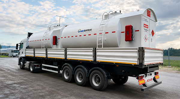 White tanker trailer attached to a multi-axle truck, used to haul liquids, with hazard placards on the rear.