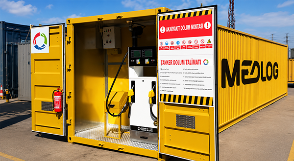 Yellow mobile fueling station inside a shipping container, with two fuel pumps, control panel, and bold safety signs displayed outdoors.