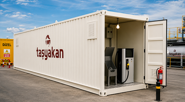 White mobile fueling container with a pump and hoses inside; door open to reveal equipment, with a fire extinguisher outside.
